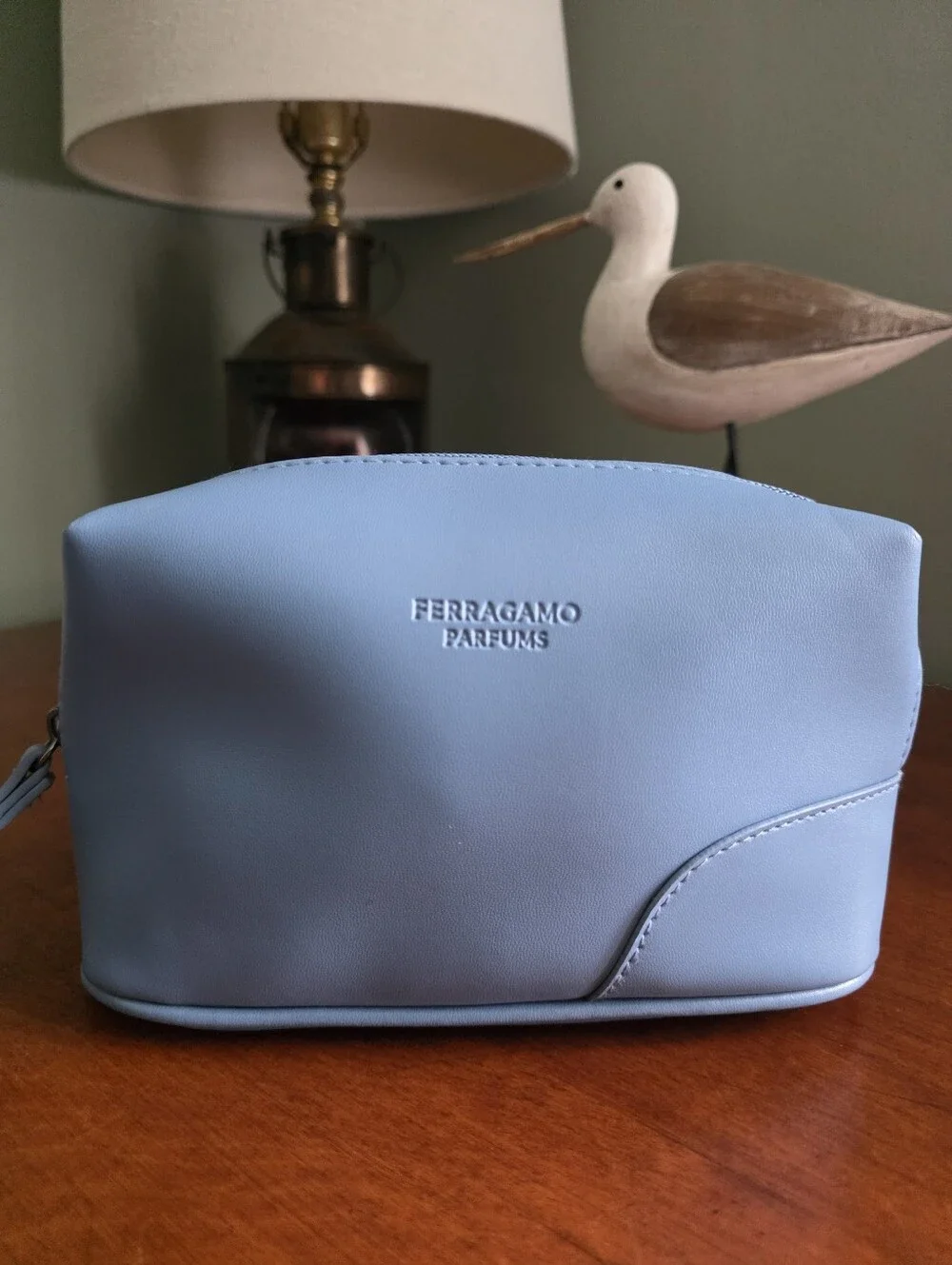 Ferragamo Parfums Travel Cosmetic Case Light Blue Faux Leather Makeup Bag